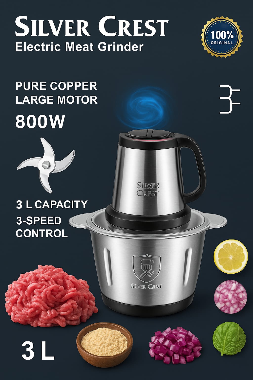Silver Crest Electric Meat Grinder | 3L Capacity | 800W Copper Motor | 3-Speed Control