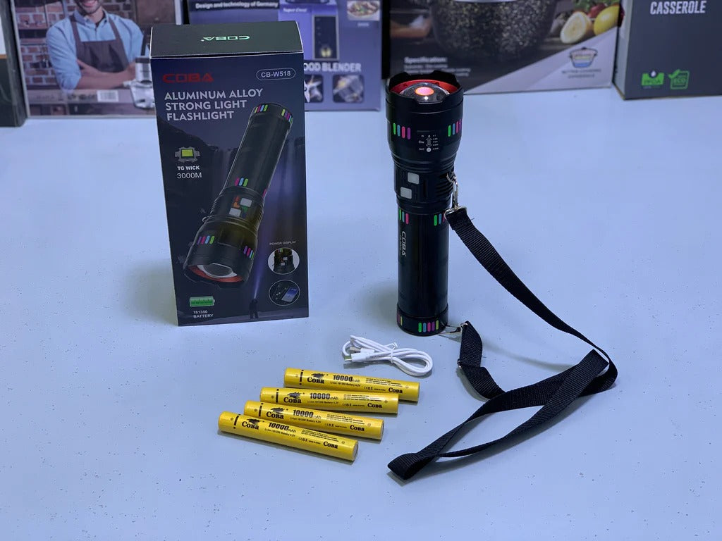 COBA CB-W518 LED Flashlight | 3KM Ultra Long Range Rechargeable Torch | Super Bright, Waterproof, Camping & Security Light